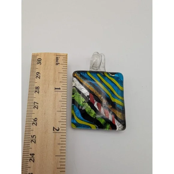 Murano Style Art Glass Pendant Multicolor Striped Square Women Jewelry Artsy - Picture 4 of 4